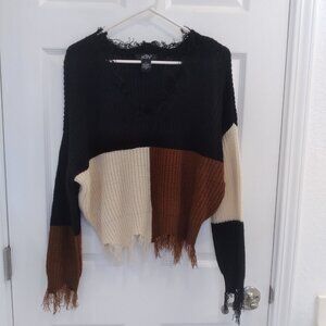 Just Polly Color Block Eye Lash Fringe Cropped Knit Sweater
